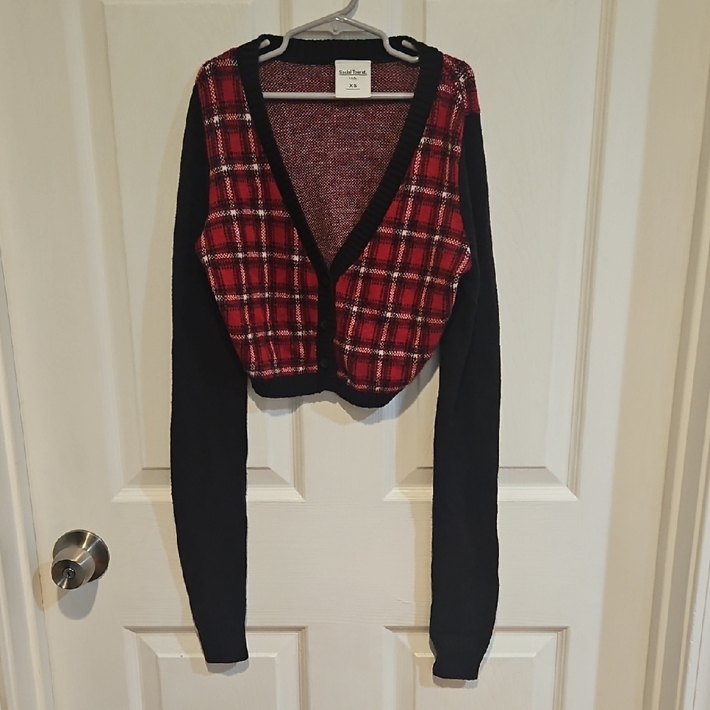Super Cropped Red Plaid Cardigan with Black Sleeves